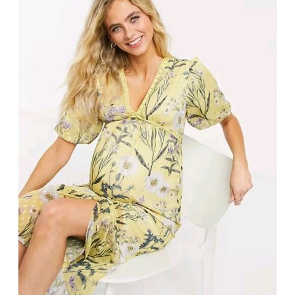 Hope & Ivy Maternity Midi Dress sz 16 Yellow Daisy Print Balloon Sleeve Drop Hem - Picture 1 of 16